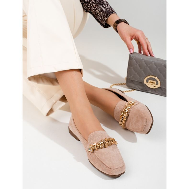 Dame ruskind loafers med Shelovet krystaller beige 2