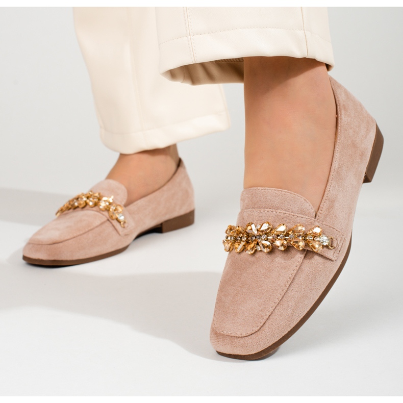 Dame ruskind loafers med Shelovet krystaller beige 1