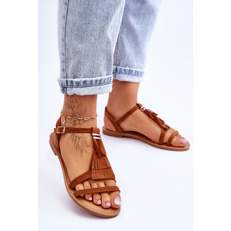 Damesandaler Fladt ruskind Boho Brun Lucami 2
